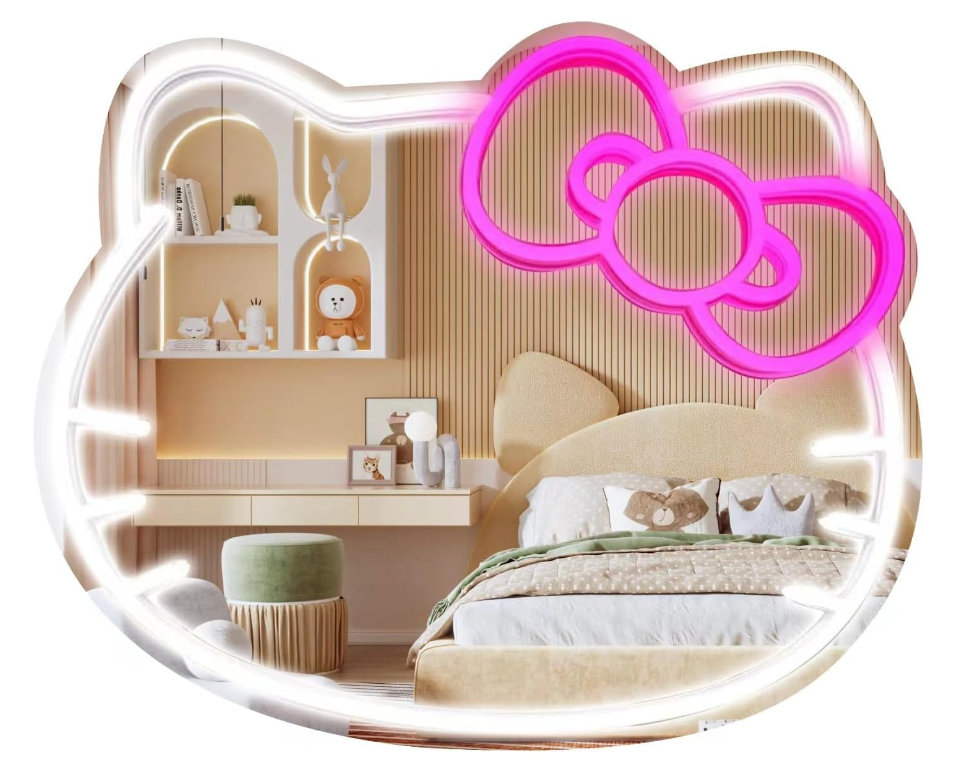 Anime Hello Kit Mirror with Light Neon Signs for Wall Decor, Teen Girl Gift，Makeup Mirror neon Sign Room Decor (9.4 * 11.9 inch)