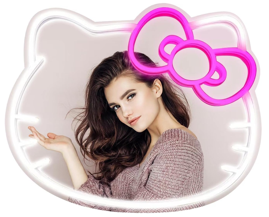 Anime Hello Kit Mirror with Light Neon Signs for Wall Decor, Dimmable for Teen Girl Gift，Makeup Mirror neon Sign Room Decor (16.1 * 14 inch)