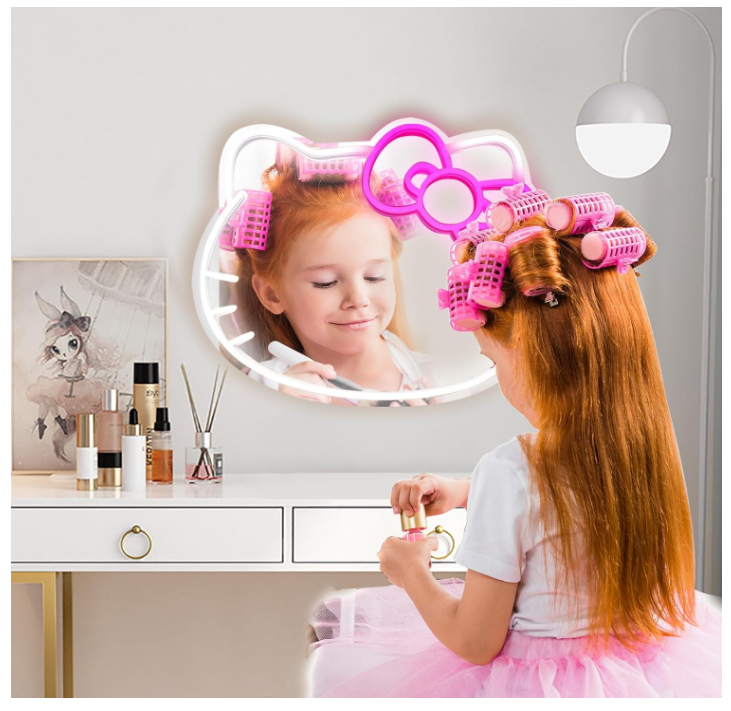 Anime Hello Kit Mirror with Light Neon Signs for Wall Decor, Dimmable for Teen Girl Gift，Makeup Mirror neon Sign Room Decor (16.1 * 14 inch)