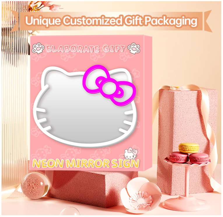 Anime Hello Kit Cat Neon Sign Mirror L16.1 W14 Vanity Mirror with Lights Bedroom Wall Mirror for Pink Room Decor and a Makeup Mirror with Lights Teen Girl Gifts