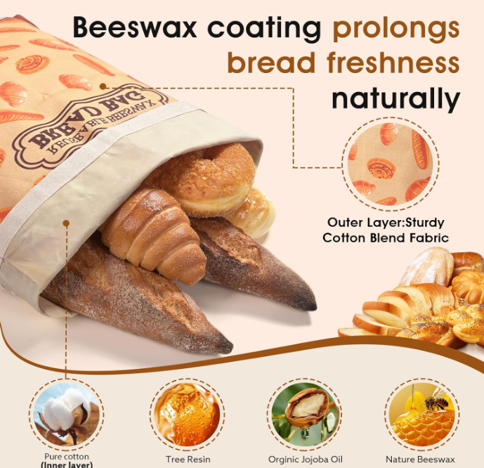 2 Pack Beeswax Bread Bags for Sourdough Homemade Bread, XL Cotton Lining Sourdough Reusable Natural Beeswax Bread Storage Bag, Keep Fresh and Upgraded Large Capacity Portable