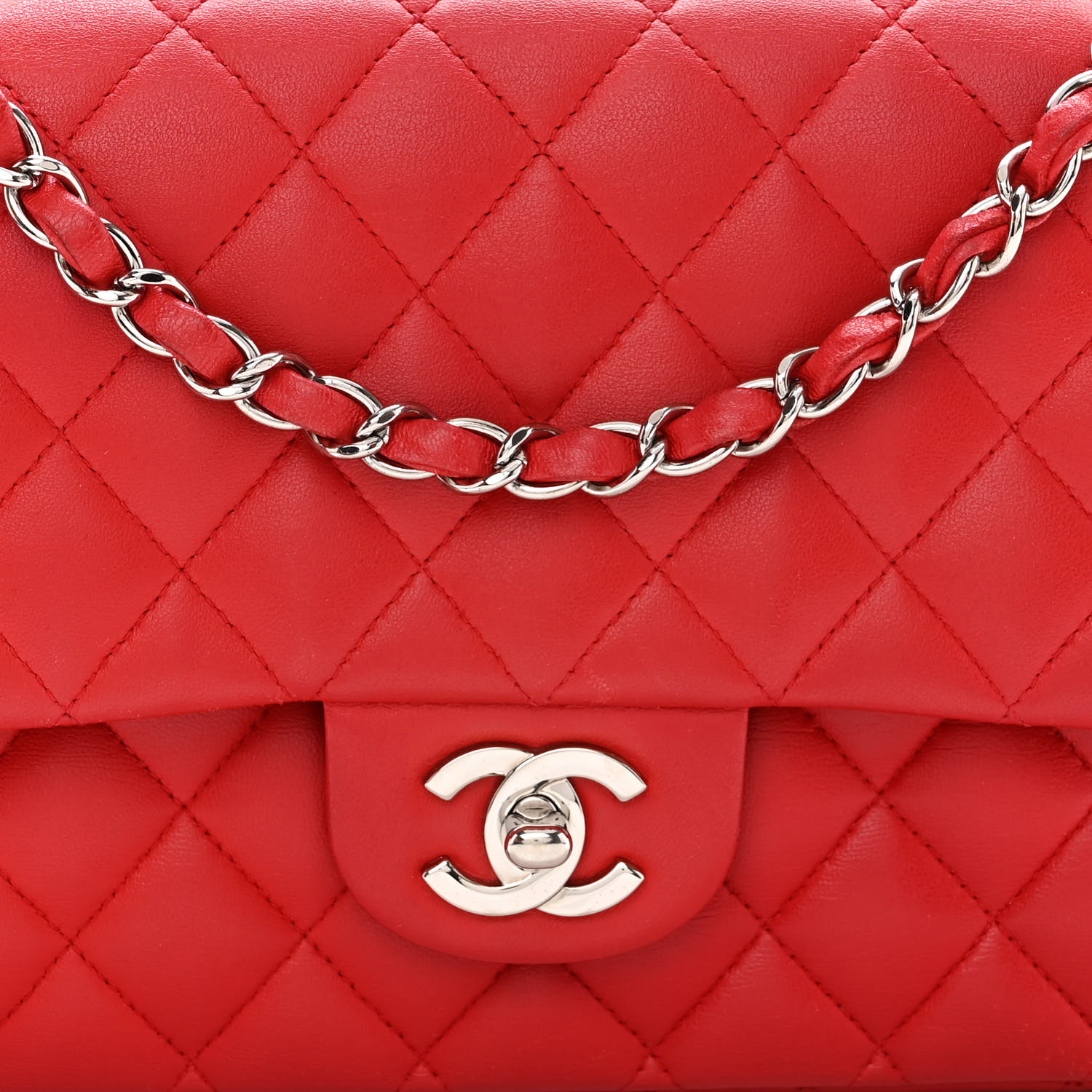 Lambskin Quilted Medium Double Flap Red