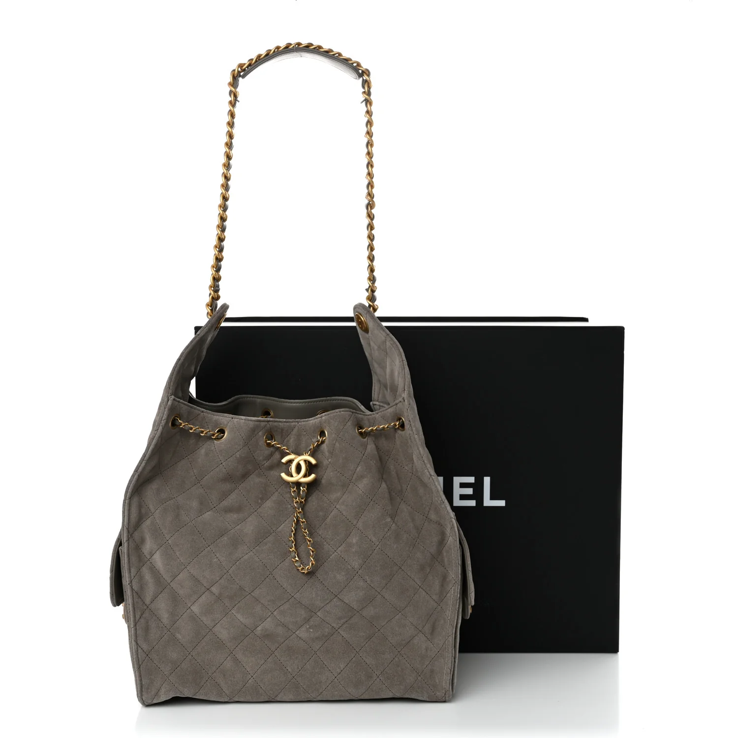 Suede Quilted Medium Chanel 25 Handbag Grey