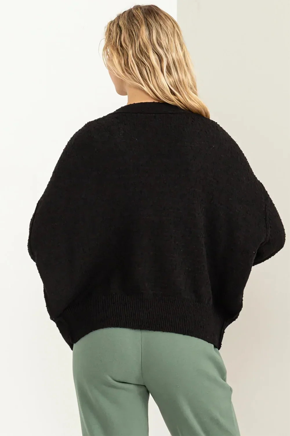 Black Button Down Long Sleeve Knit Layering Boho Style Cardigan Sweater