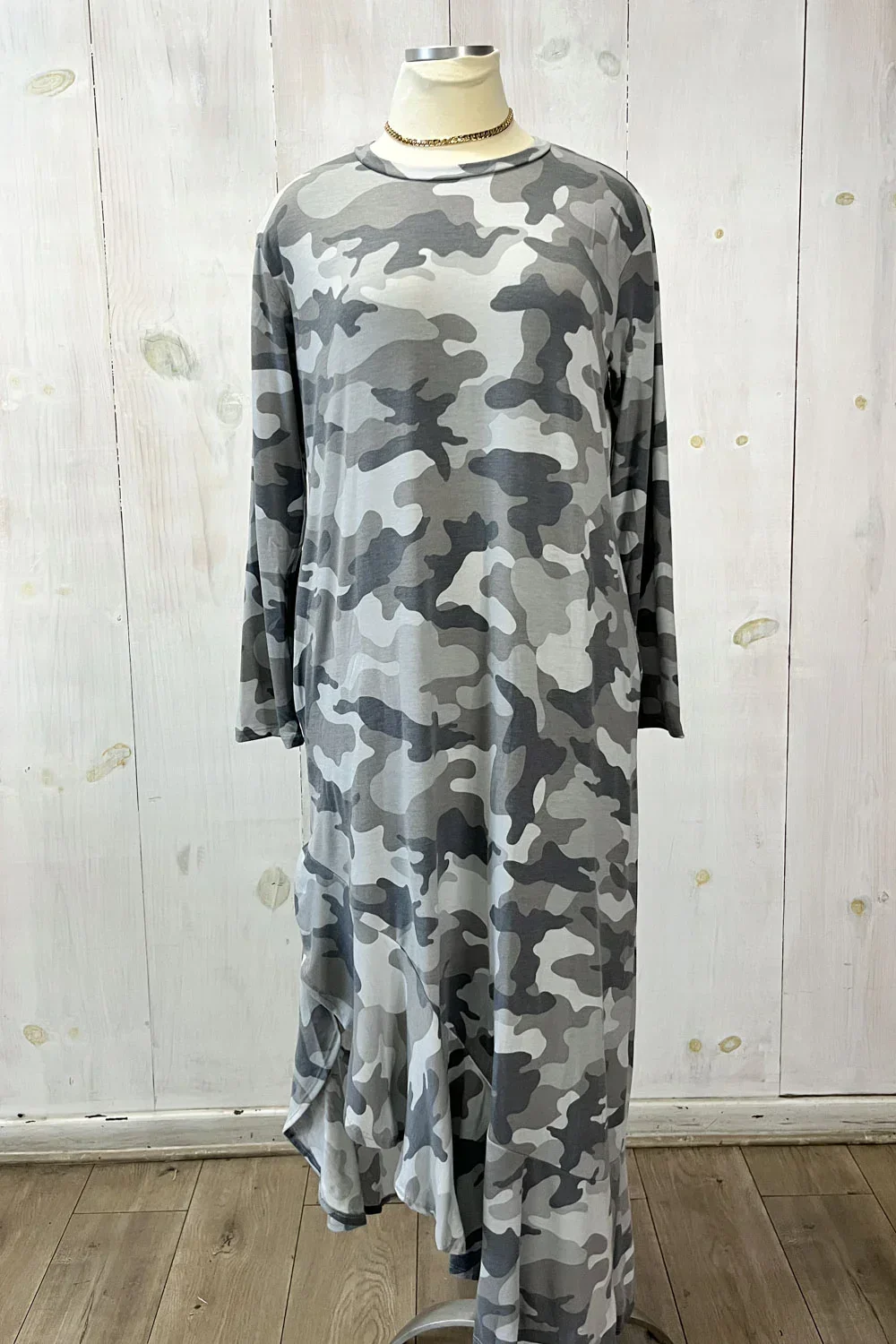 Plus Size Casual Camouflage Long Sleeve Asymmetrical Maxi Dress