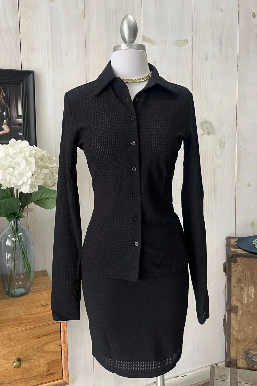 Textured Long Sleeve Button Front Shirt & Mini Skirt Set