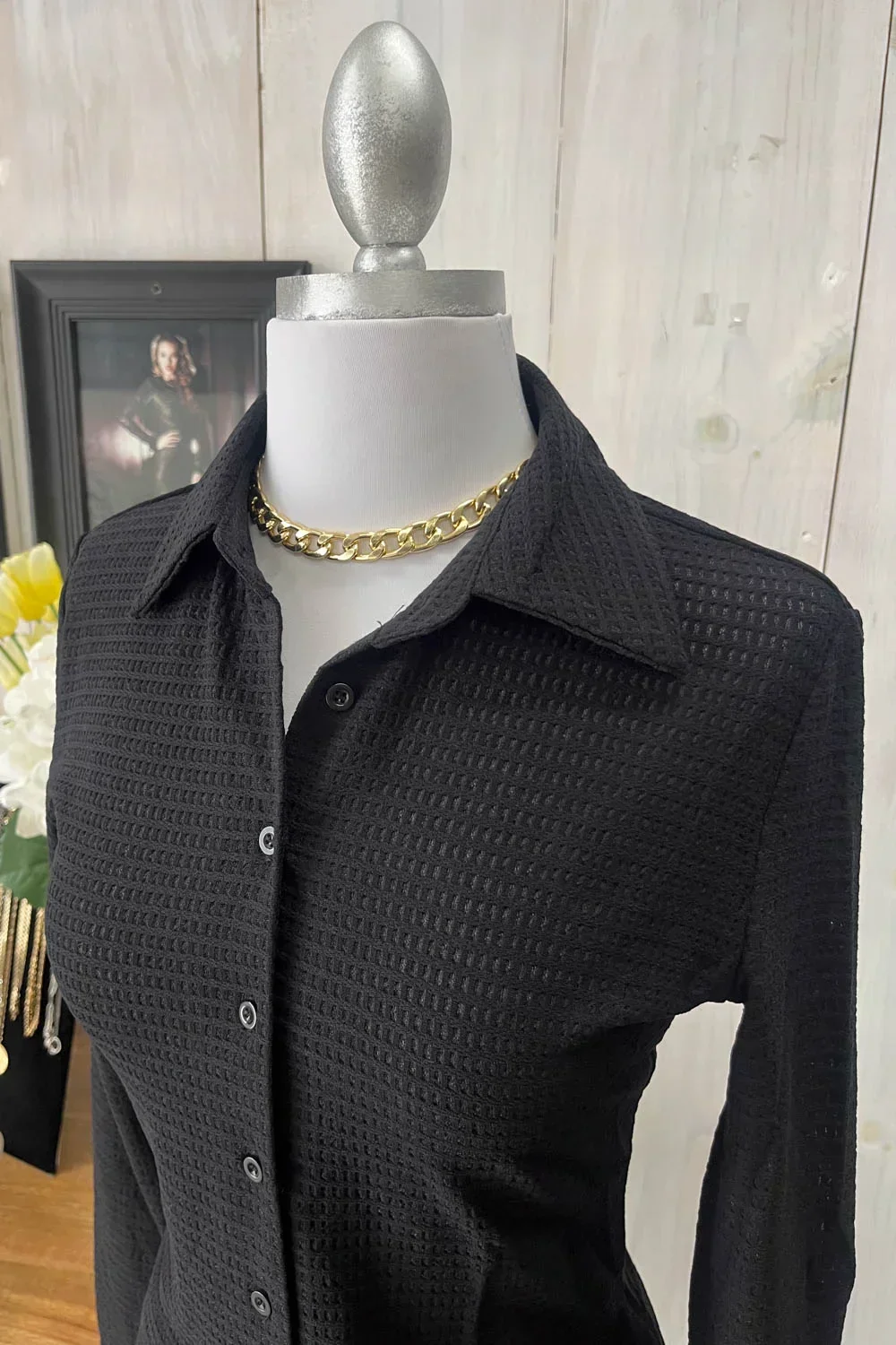 Textured Long Sleeve Button Front Shirt & Mini Skirt Set