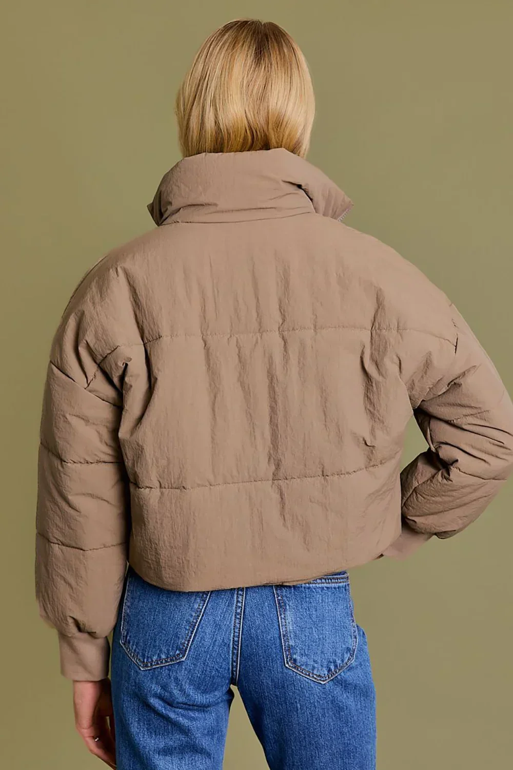 Quilted Puffer Stand Collar Zipper Pockets Cropped Bomber Jacket