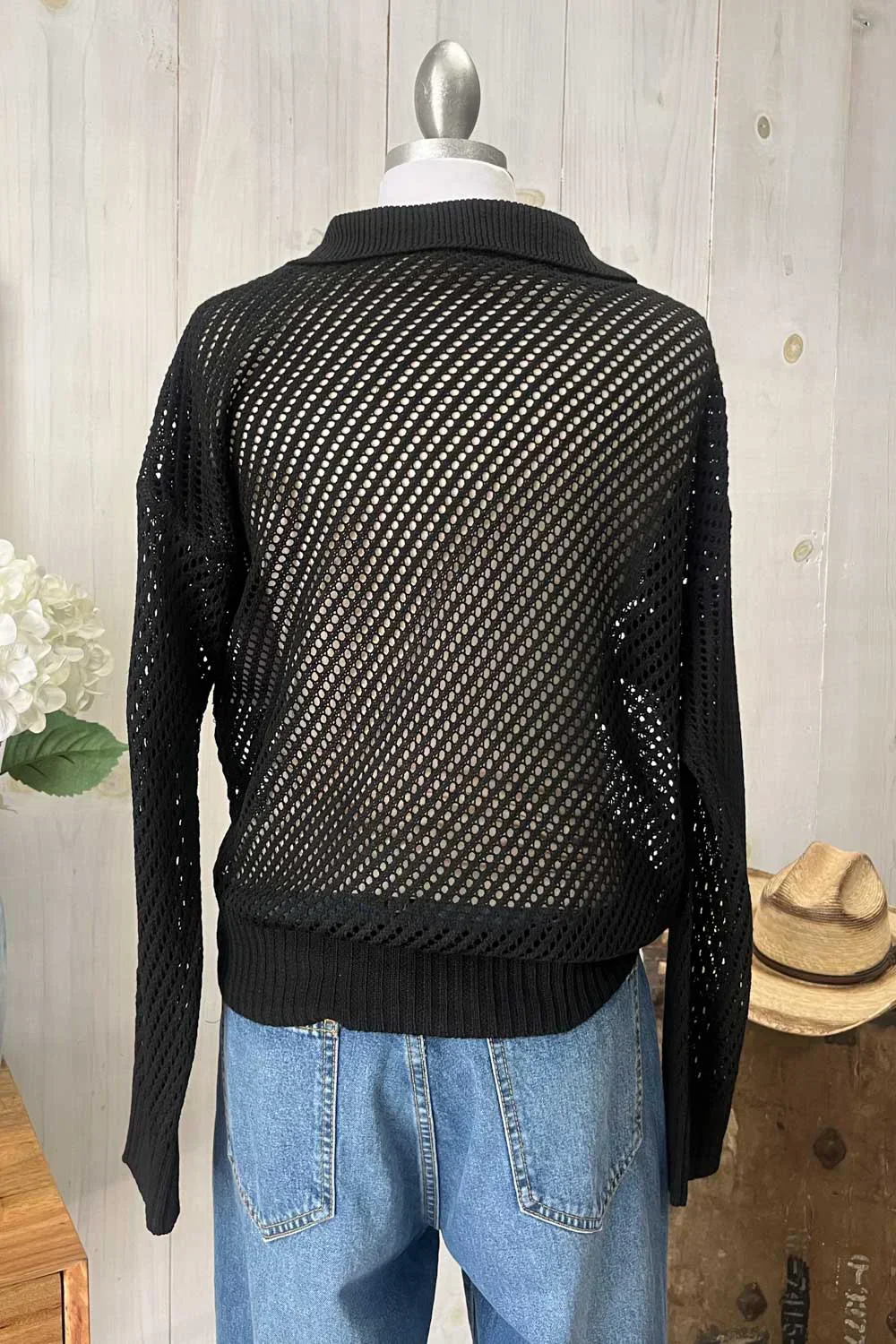 Long Sleeve Collared Crochet Knit Black Boutique Top