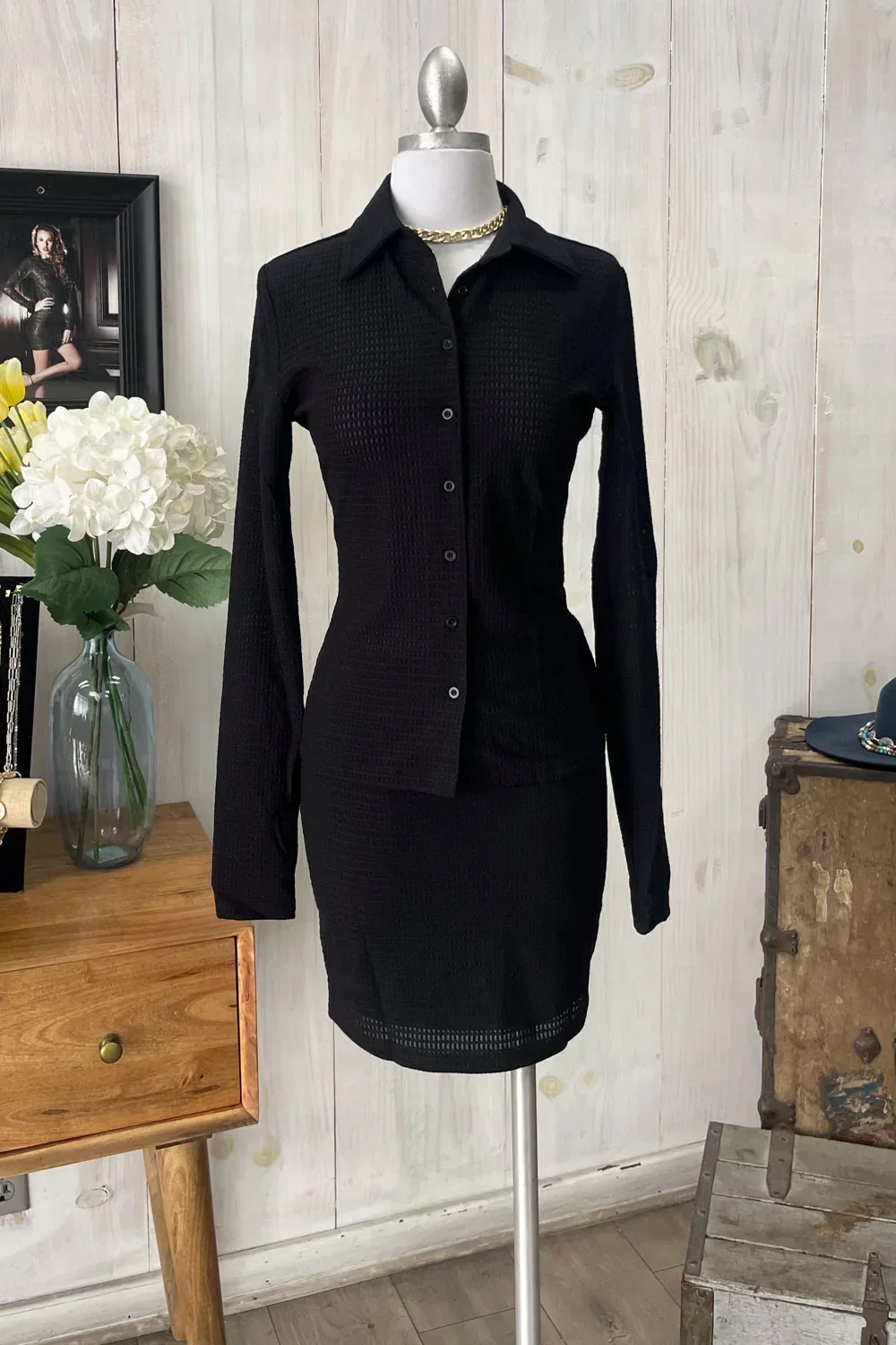 Textured Long Sleeve Button Front Shirt & Mini Skirt Set