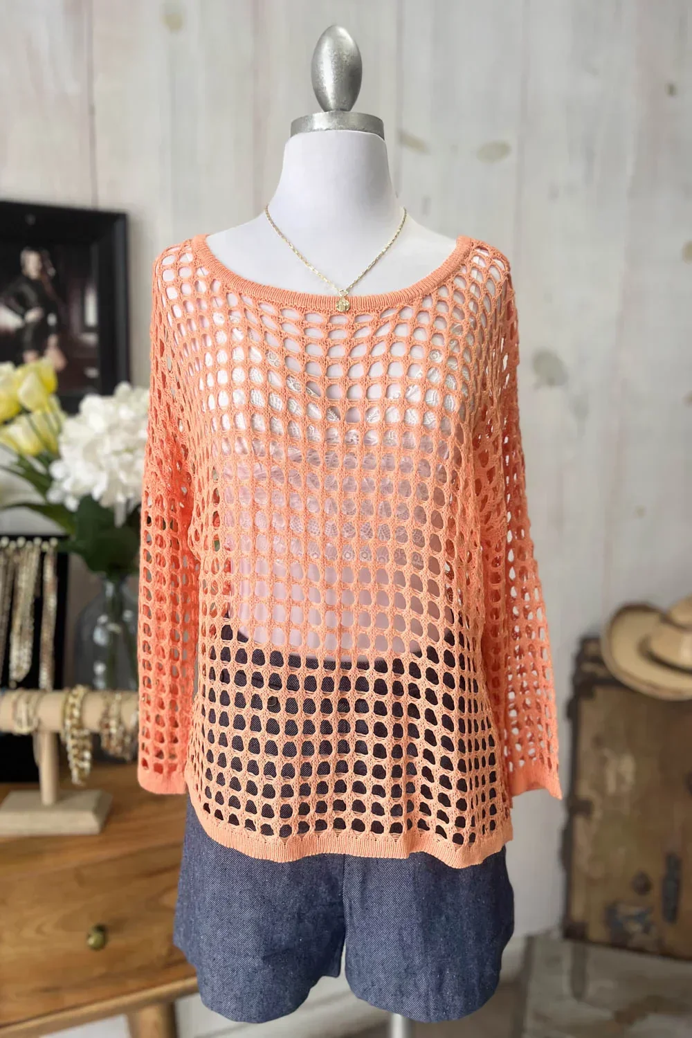 Orange Long Sleeve Crochet Bohemian Top
