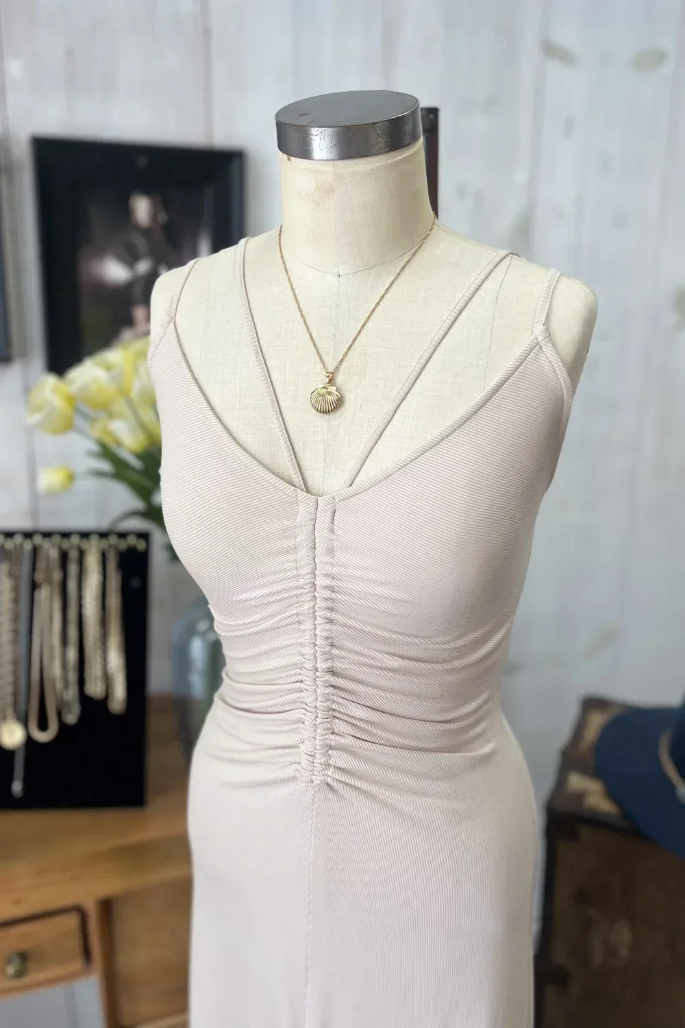 Darling Ribbed Knit Ruched Center V-Neck Lace Up Back Bodycon Midi Dress