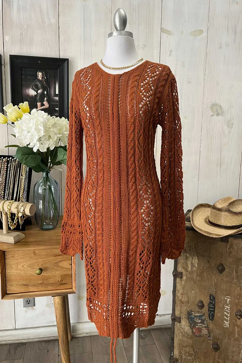 Crochet Cable Knit V-Neck Long Sleeve Eyelet Details Midi Dress