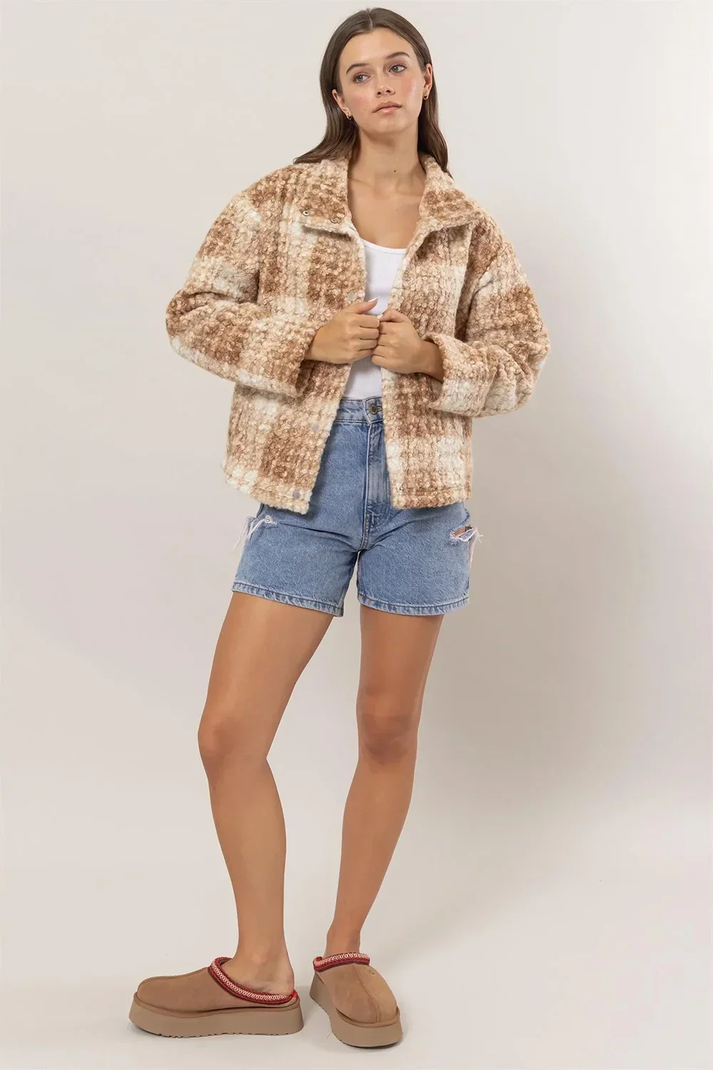 Plaid Collared Neck Front Button Side Pocket Boucle Jacket