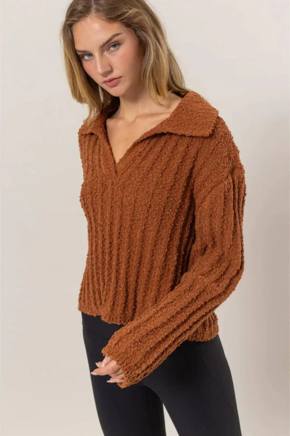 Ribbed Knit Collared Cropped Textured Fall Sweater