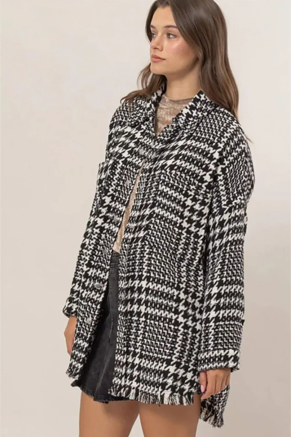 Black White Houndstooth Oversized Long Fringe Open Front Coat