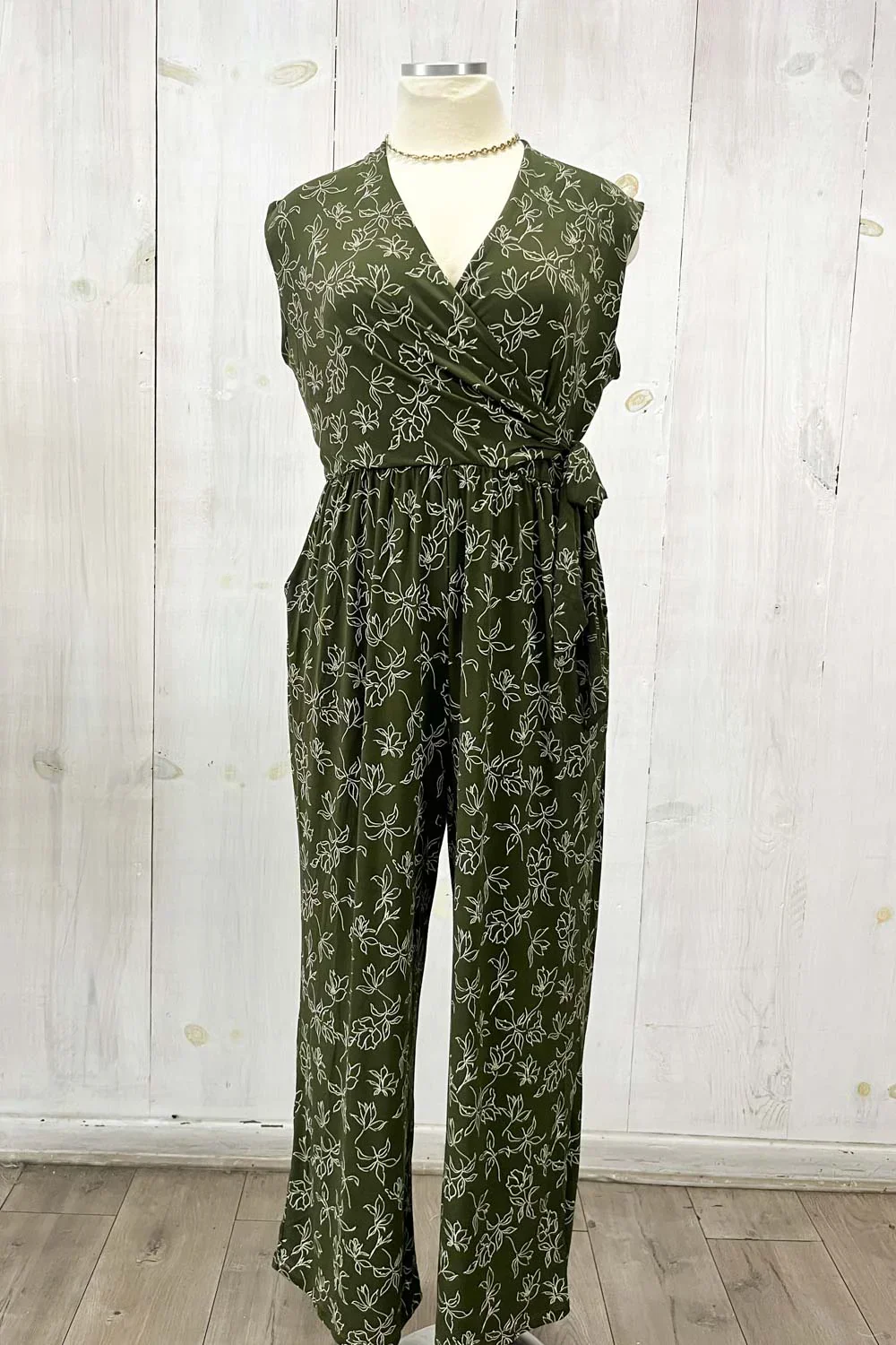 Olive Green Floral Print Front Wrap Sleeveless Wide Leg Boutique Jumpsuit