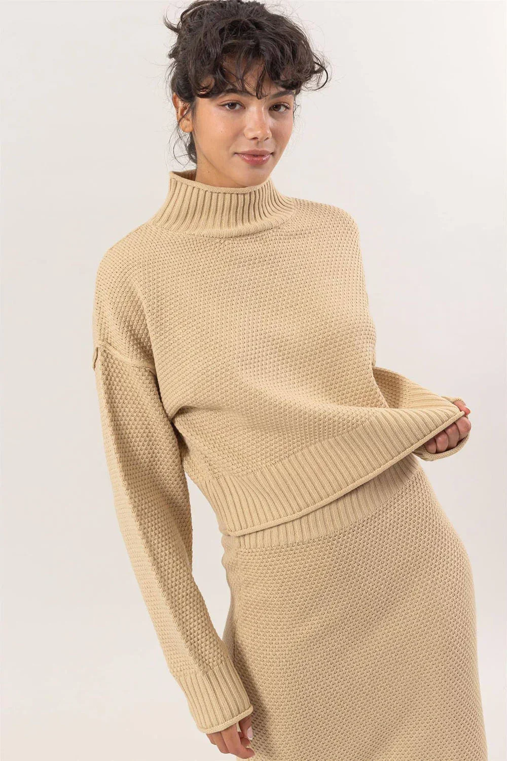 Oversized Turtleneck Sweater Matching Midi Skirt Knit Two Piece Set
