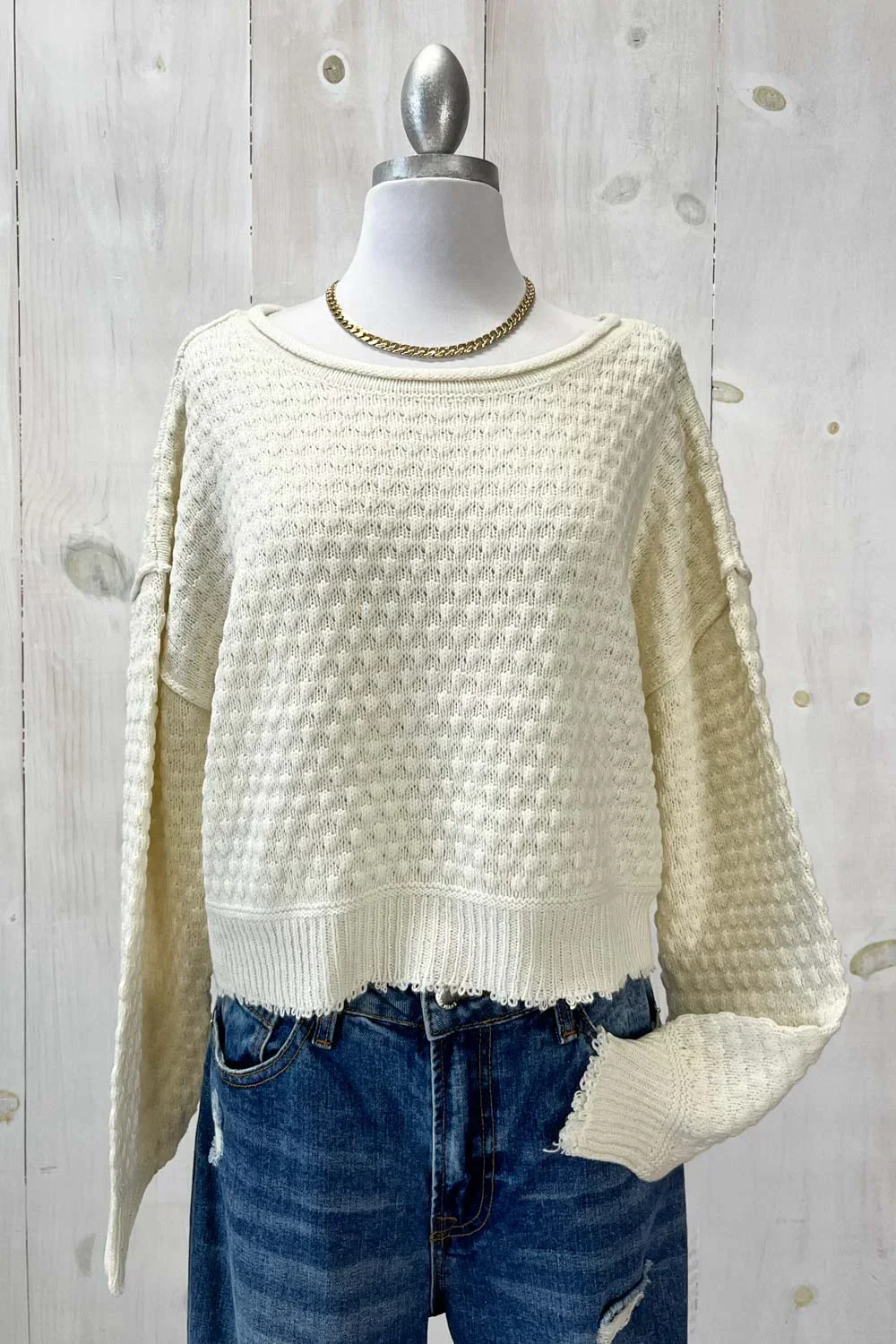 Waffle Knit Cropped Long Sleeve Raw Hem Relaxed Fit Cozy Boutique Sweater