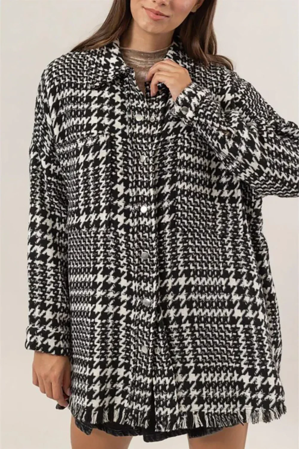 Black White Houndstooth Oversized Long Fringe Open Front Coat