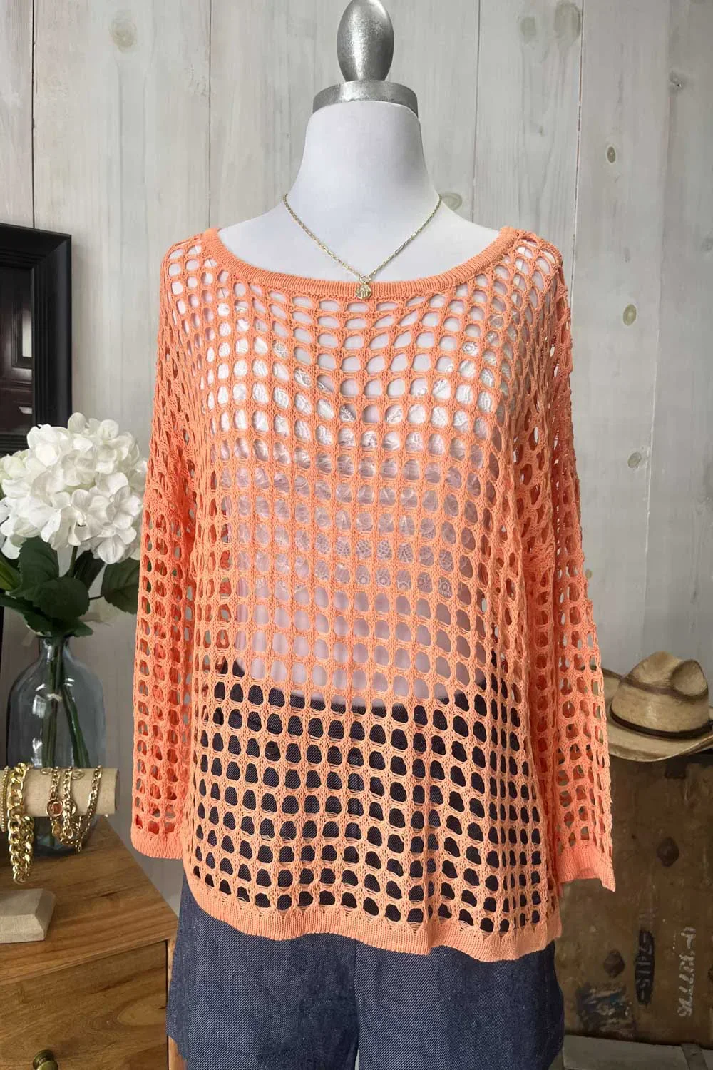 Orange Long Sleeve Crochet Bohemian Top