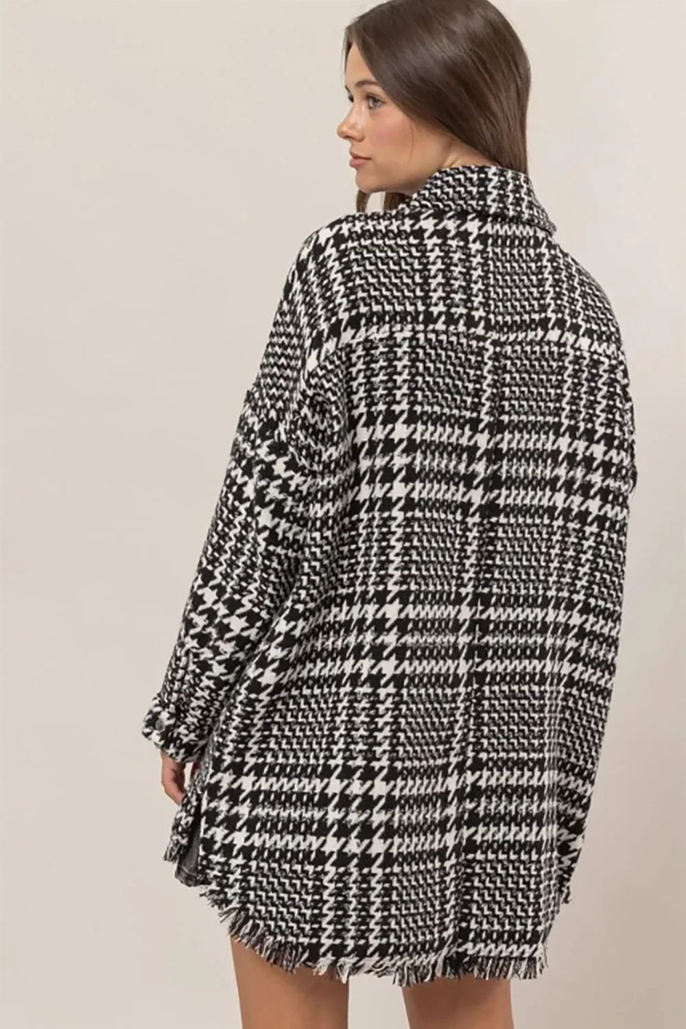 Black White Houndstooth Oversized Long Fringe Open Front Coat