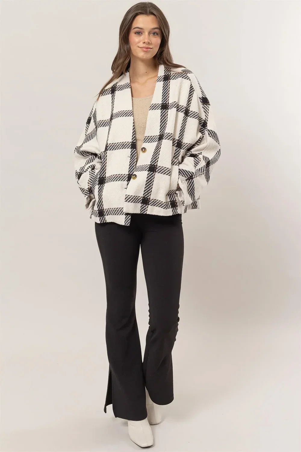 Oversize Plaid Long Sleeve Side Slit Pockets Jacket Shacket