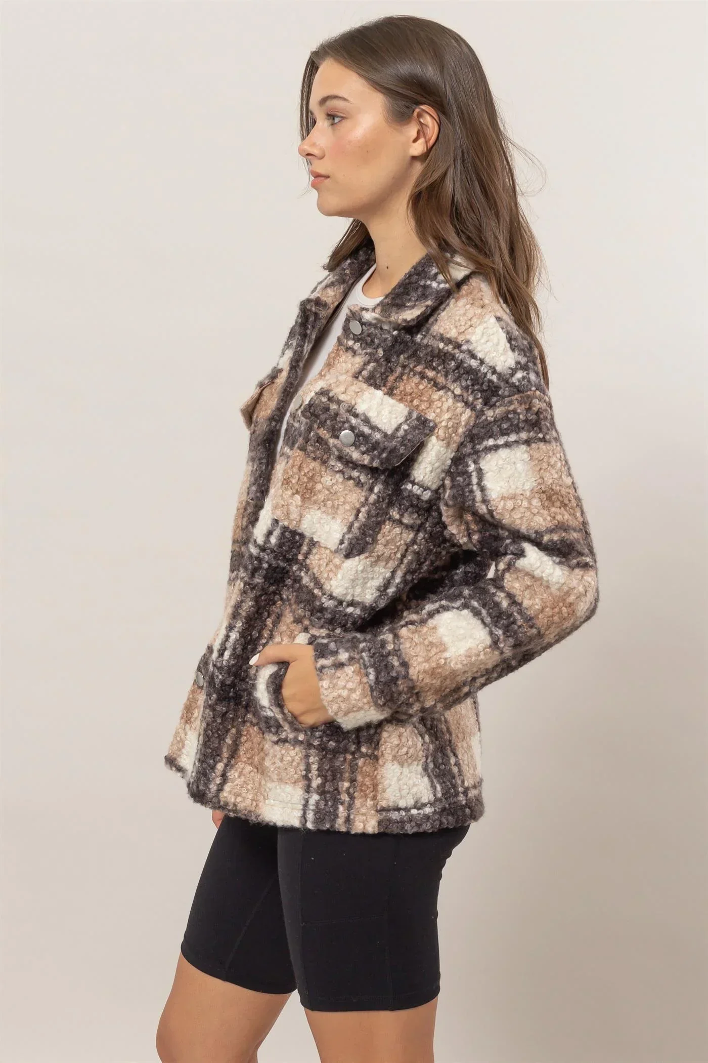 Plaid Collared Neck Front Button Side Pocket Boucle Jacket