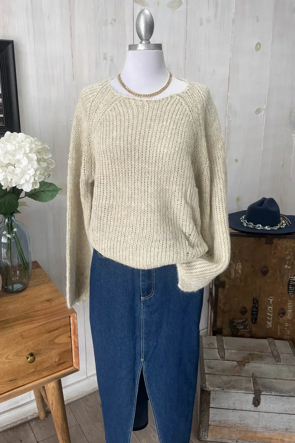 Cozy Oversized Chunky Knit Crew Neck Long Bell Sleeve Sweater