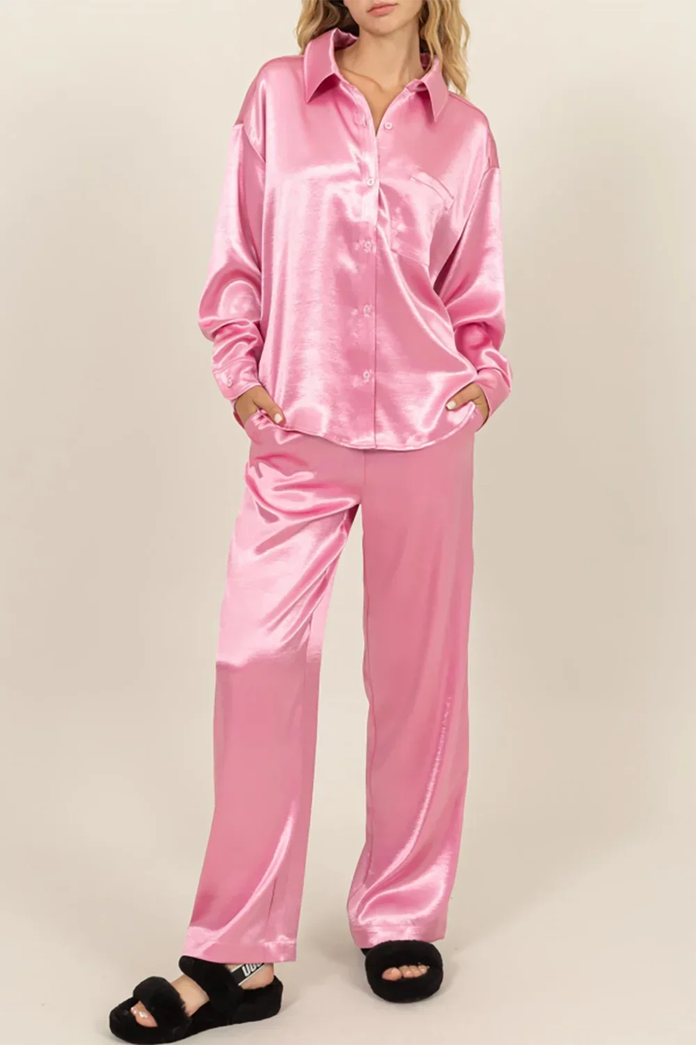 Luxurious Satin Button Down Flowy Love Pajama Loungewear Set