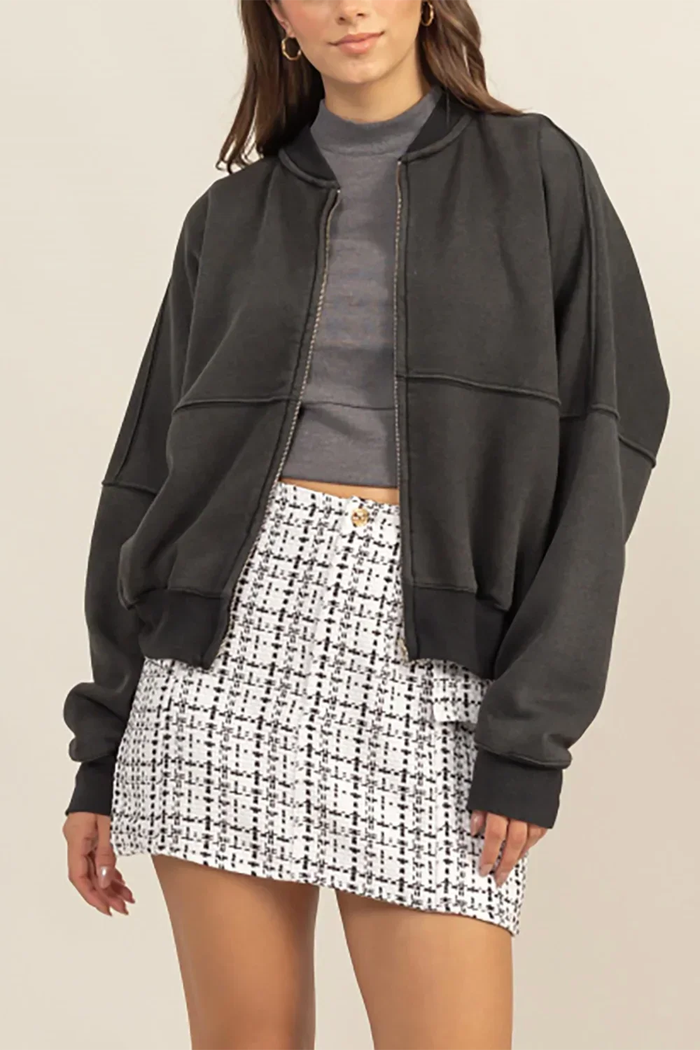 Cozy Washed French Terry Ribbed Collar Zip Up Casual Jacket