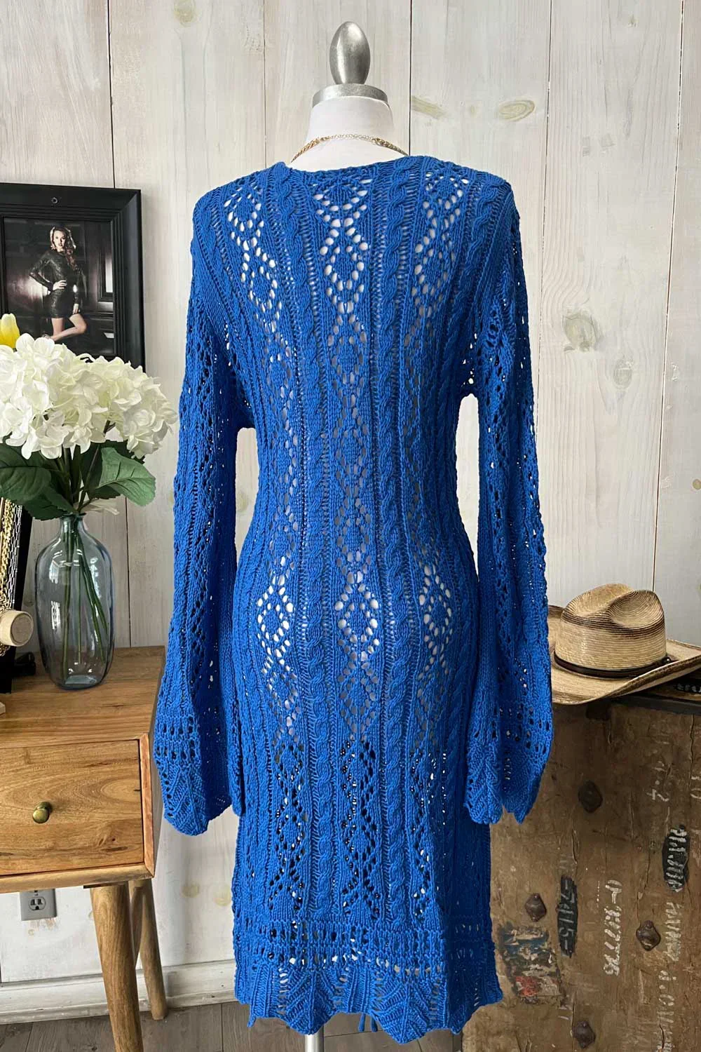 Crochet Cable Knit V-Neck Long Sleeve Eyelet Details Midi Dress