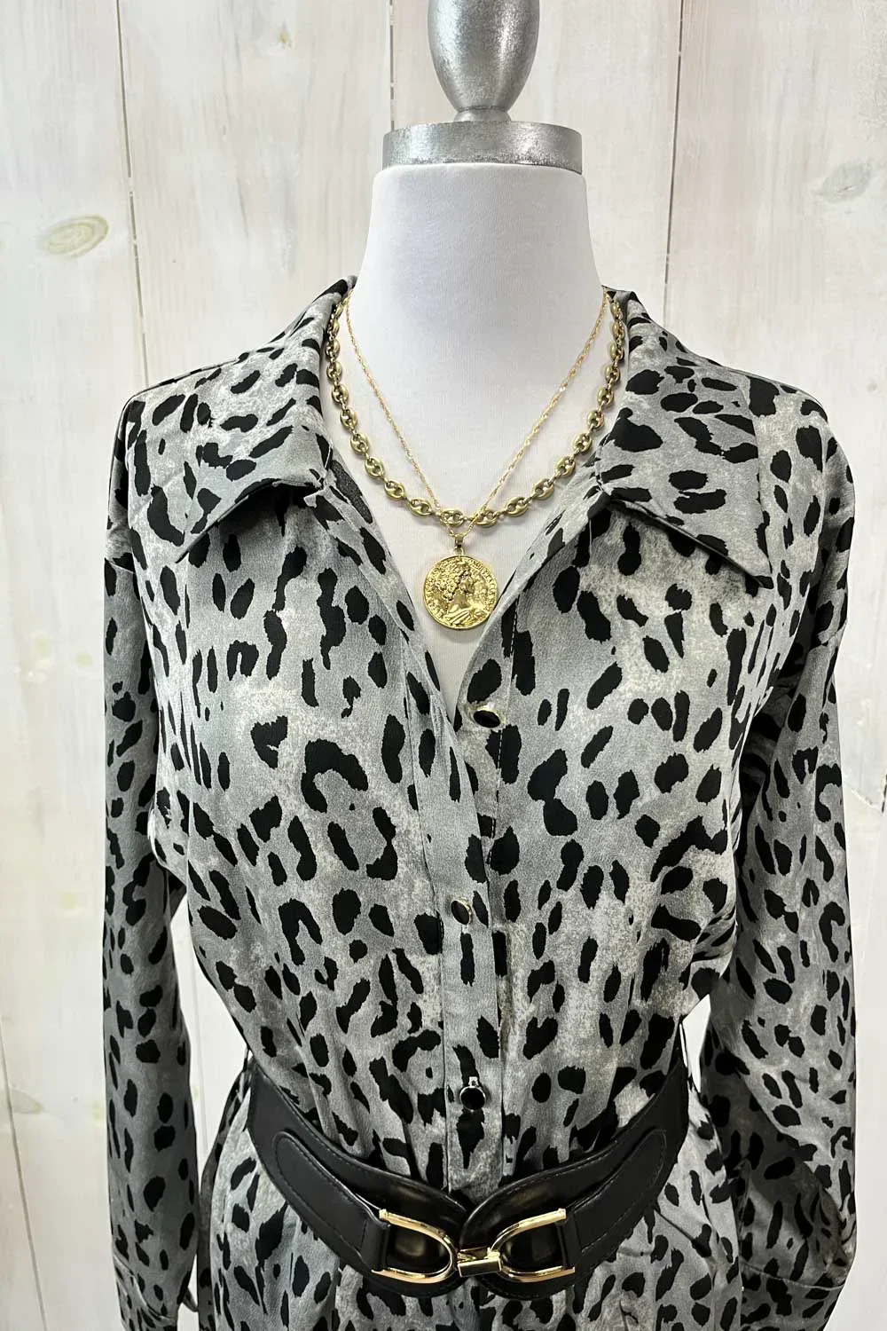 Leopard Print Satin Jumpsuit Long Sleeve Button Front Wide Leg Boutique Jumpsuit