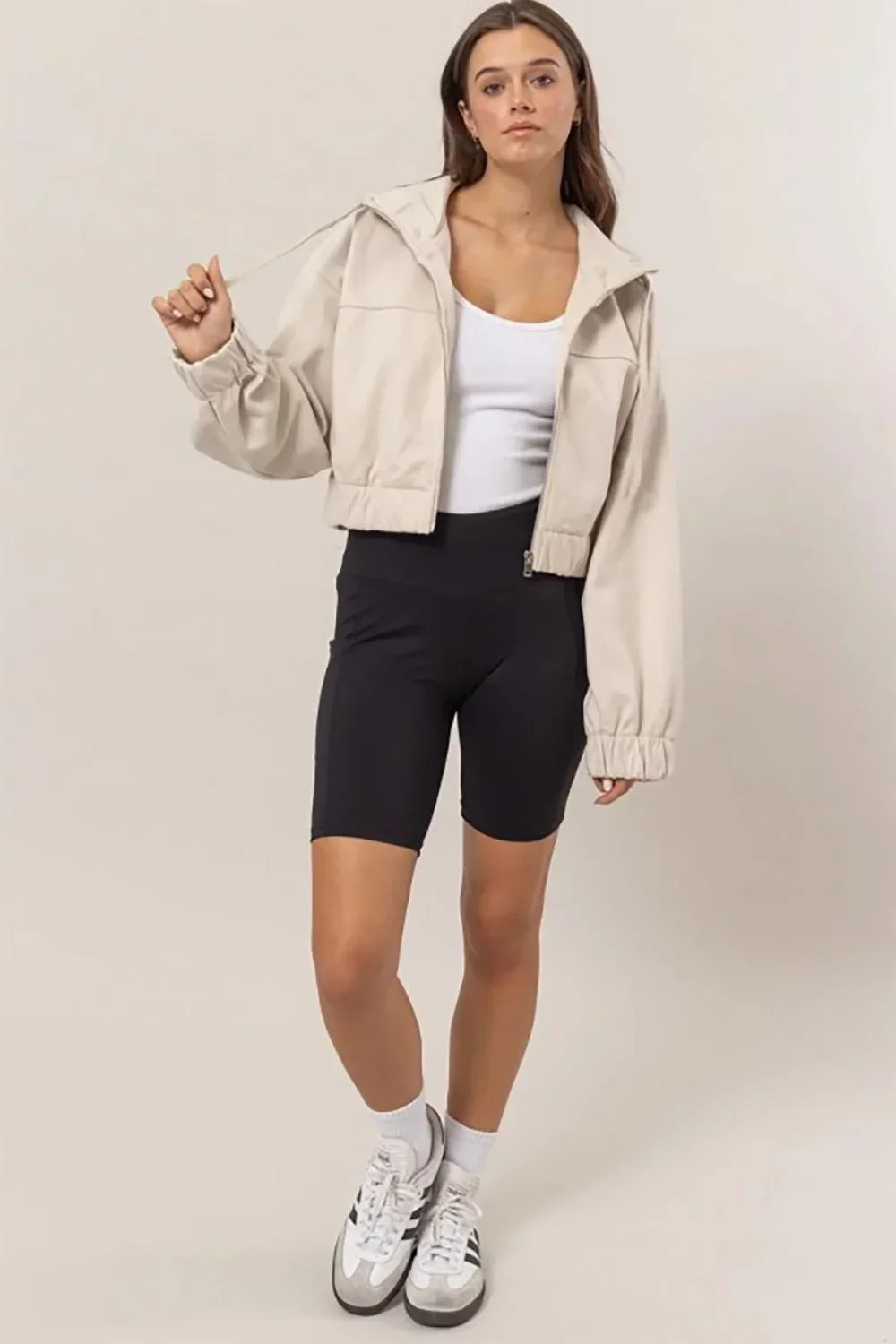 Heavy Weight Elastic Waist Side Pocket Zipper Up Hooded Crop Jacket
