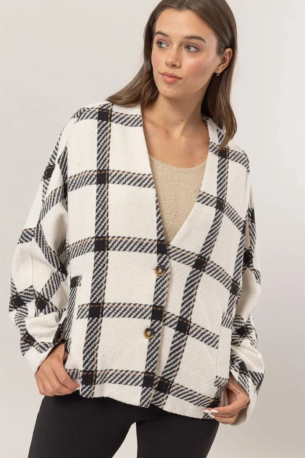 Oversize Plaid Long Sleeve Side Slit Pockets Jacket Shacket
