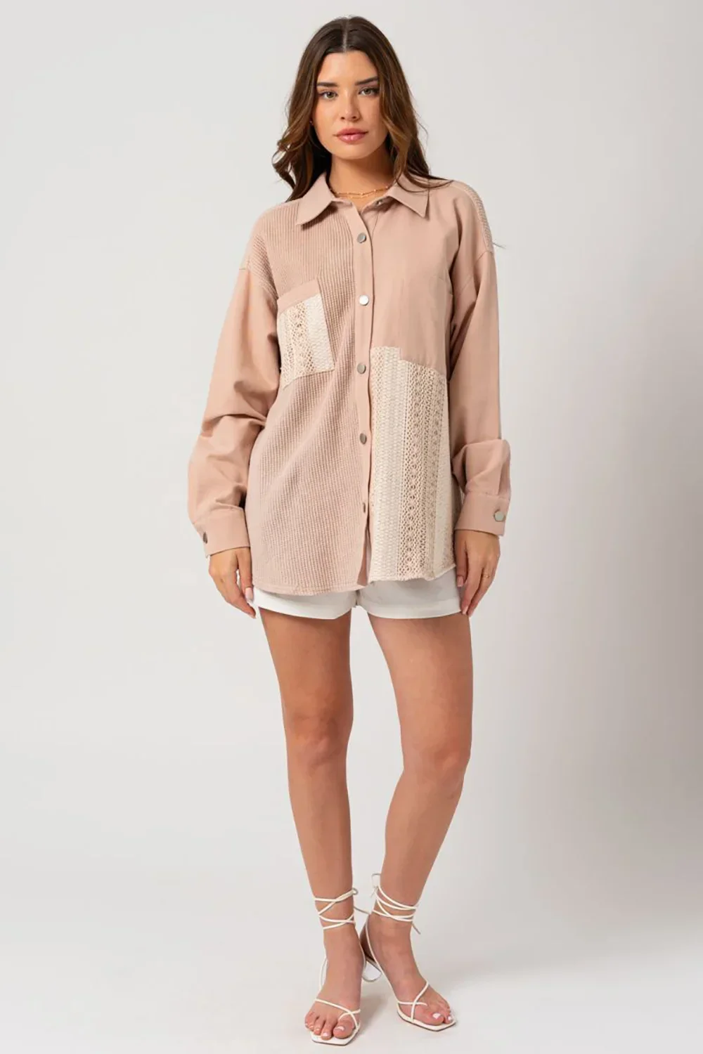 Dusty Blush Mixed Media Button Down Waffle Knit Shacket