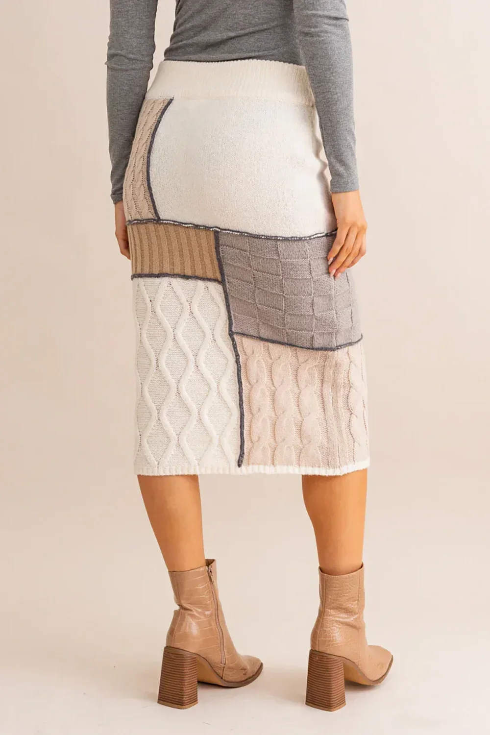 Neutral Colorblock Ribbed Waistband Cable Knit Patchwork Midi Pencil Skirt