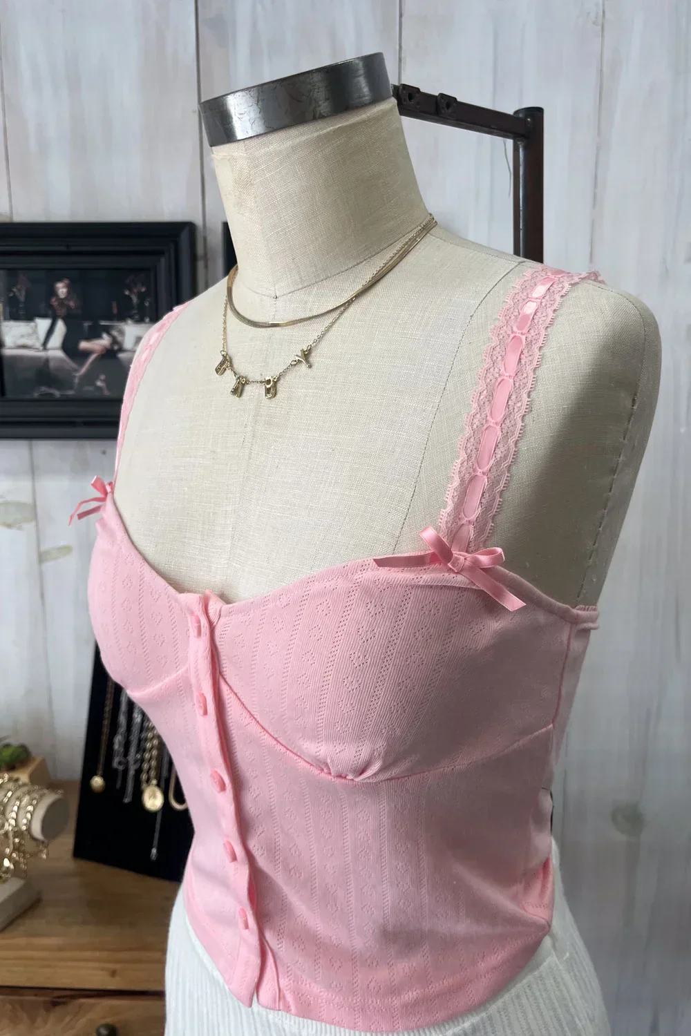 Ribbed Knit Button Front Corset Bustier Delicate Lace Trim and Bow Details Top