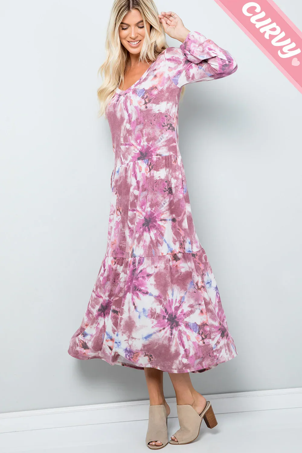 Plus Size Boho Tie Dye Long Sleeve Tiered Midi Boutique Fashion Dress