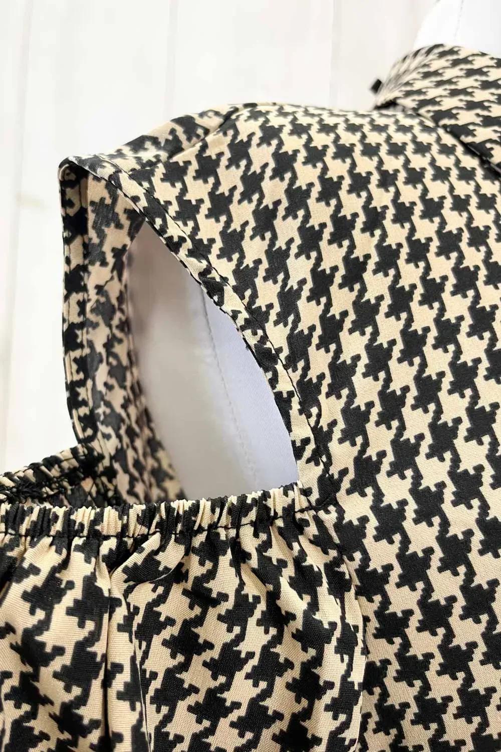 Houndstooth Print with Belt Cold Shoulder Long Sleeve Midi Shirt Dress