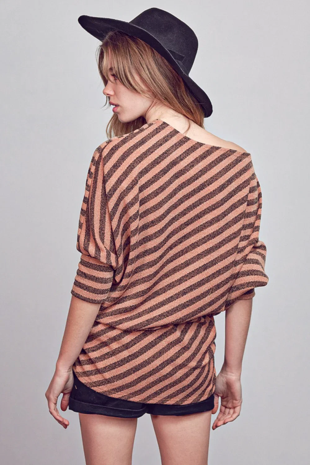 Plus Size Diagonal Striped Off Shoulder Dolman Sleeve Casual Top