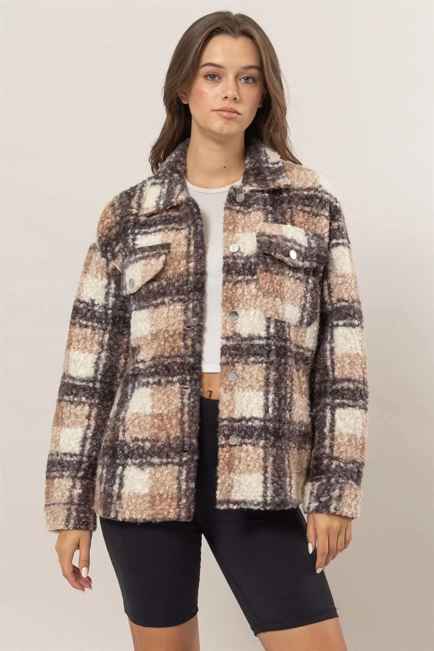 Plaid Collared Neck Front Button Side Pocket Boucle Jacket