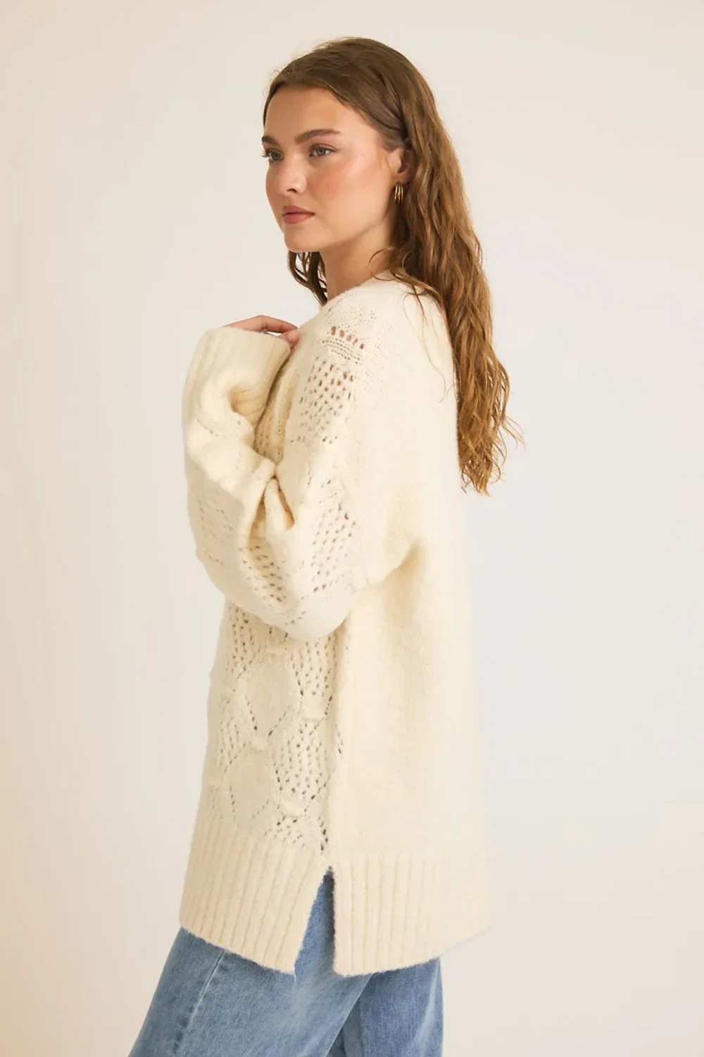 Cozy Cream Cable Knit V Neck Pointelle Ribbed Cuffs Side Slits Sweater