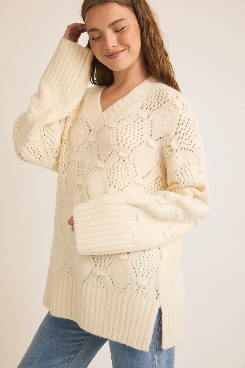 Cozy Cream Cable Knit V Neck Pointelle Ribbed Cuffs Side Slits Sweater