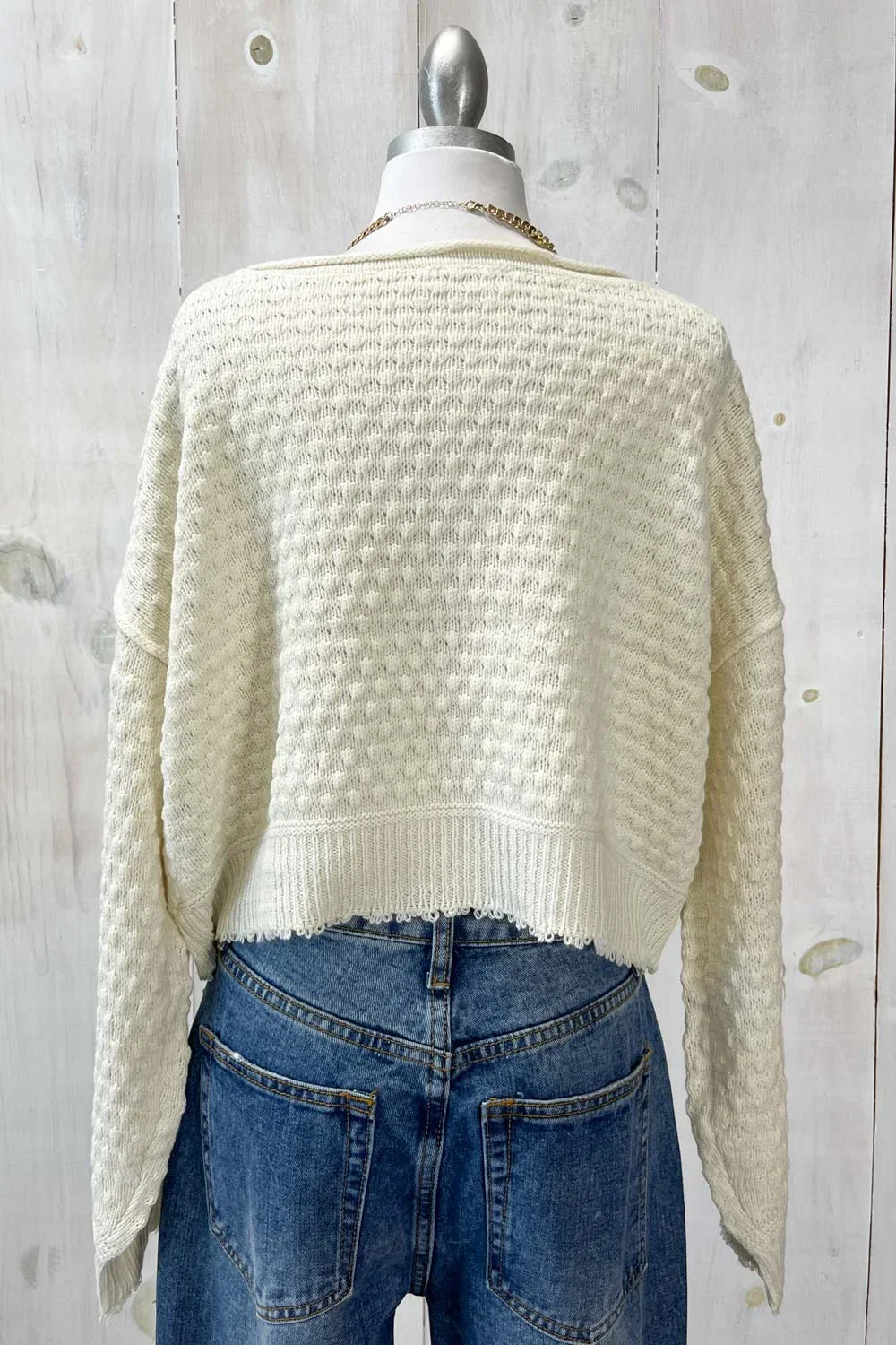 Waffle Knit Cropped Long Sleeve Raw Hem Relaxed Fit Cozy Boutique Sweater