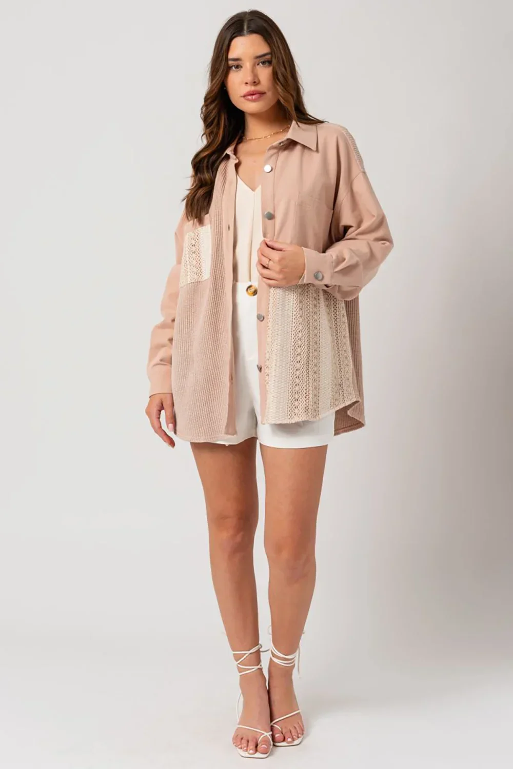 Dusty Blush Mixed Media Button Down Waffle Knit Shacket