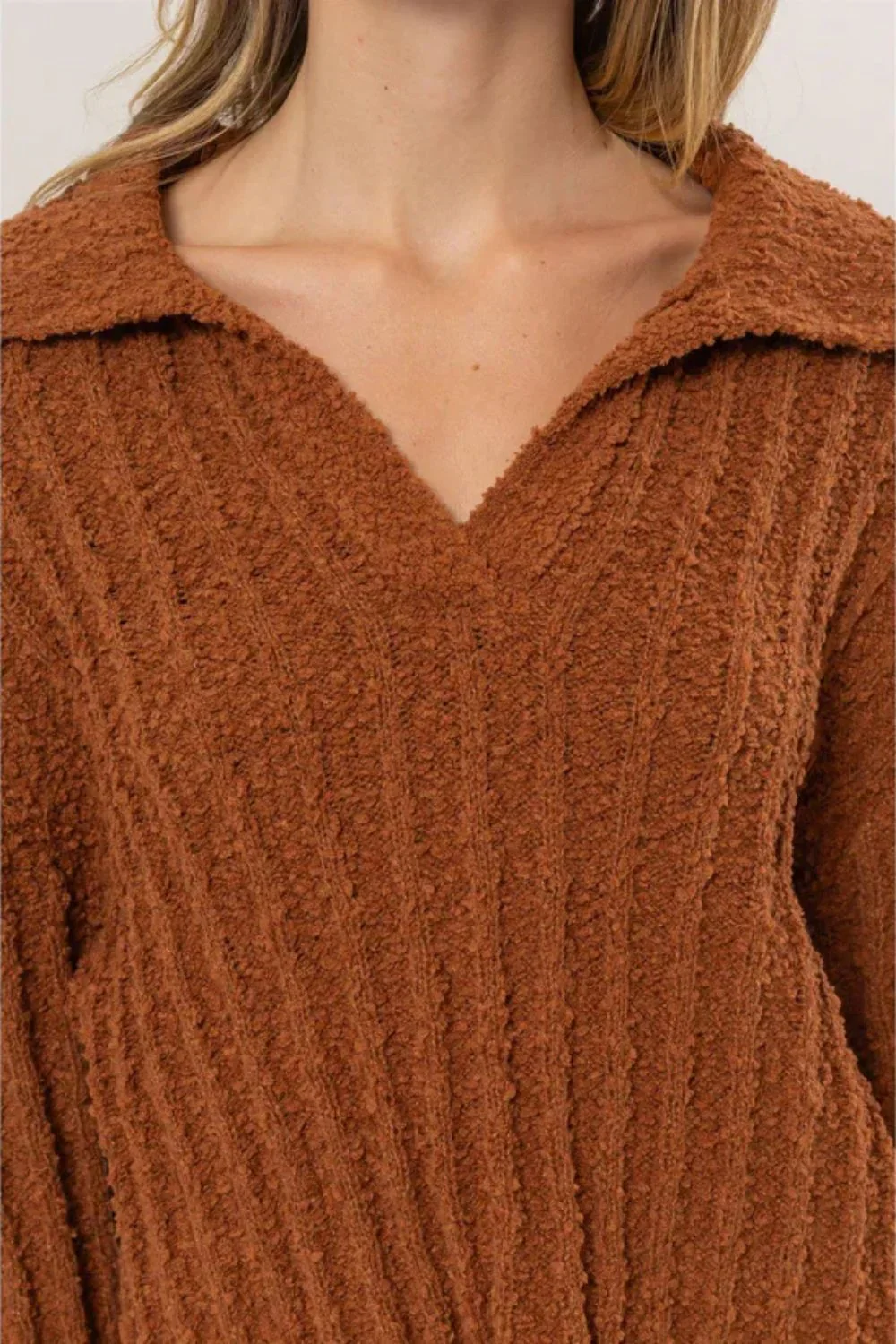 Ribbed Knit Collared Cropped Textured Fall Sweater