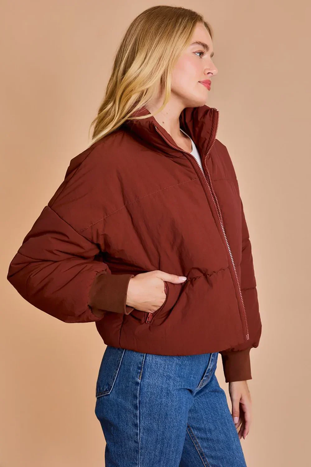 Quilted Puffer Stand Collar Zipper Pockets Cropped Bomber Jacket