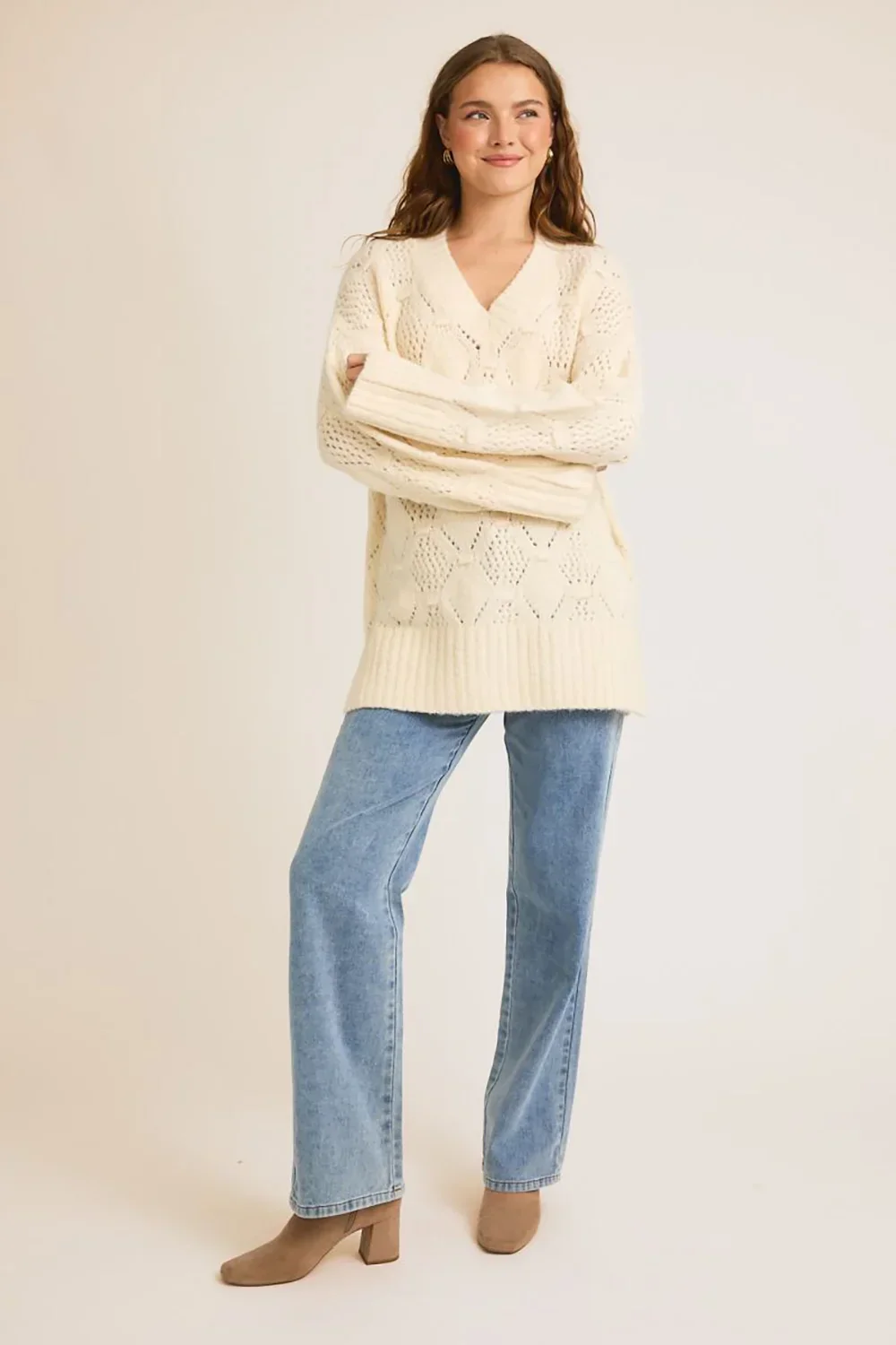 Cozy Cream Cable Knit V Neck Pointelle Ribbed Cuffs Side Slits Sweater