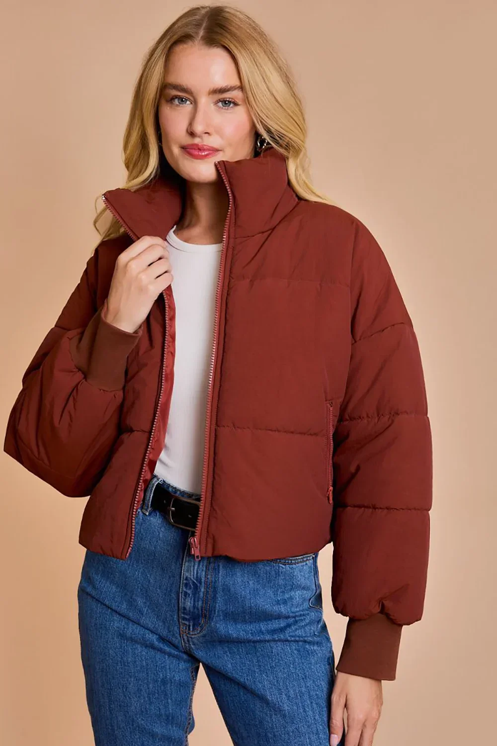 Quilted Puffer Stand Collar Zipper Pockets Cropped Bomber Jacket